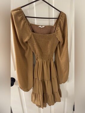 12th Tribe Tan Smocked Square-Neck Tiered Mini Dress